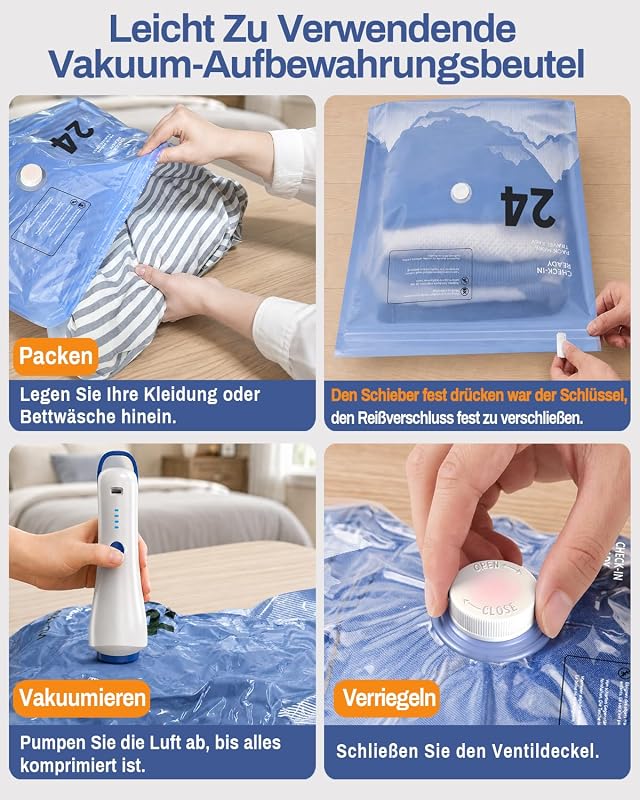Vakuumbeutel für Kleidung mit Elektrischer Pumpe, 12er-Set Vakuumbeutel (4 * 100x80cm, 4 * 74x54cm, 4 * 64x47cm), Vacuum Bags for Clothing für Reisen, Umzüge, Aufbewahrung