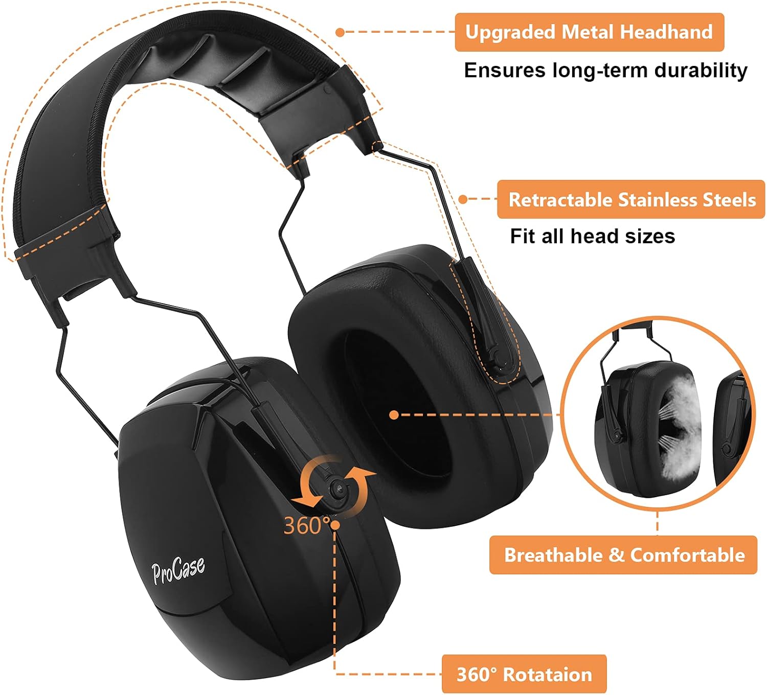 ProCase Noise Reduction Safety Ear Muffs, Hearing Protection Earmuffs, NRR 35dB Adjustable Noise Protection Ear Defenders for Hunting Shooting Range Lawn Mowing Construction Woodwork -Black - - 
