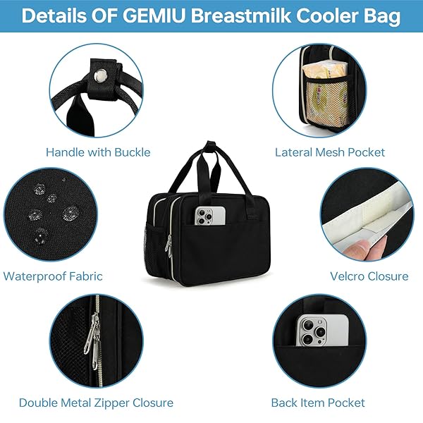 GEMIU BREAST MILK COOLER BAG WITH ICE PACK,FITS 6 BABY BOTTLES UP TO 9 OUNCE BREAST MILK COOLER TRAVEL BAG COMPATIBLE WITH WEARABLE BREAST PUMPS & ACCESSORIES FOR NURSING MOM DAYCARE BLACK