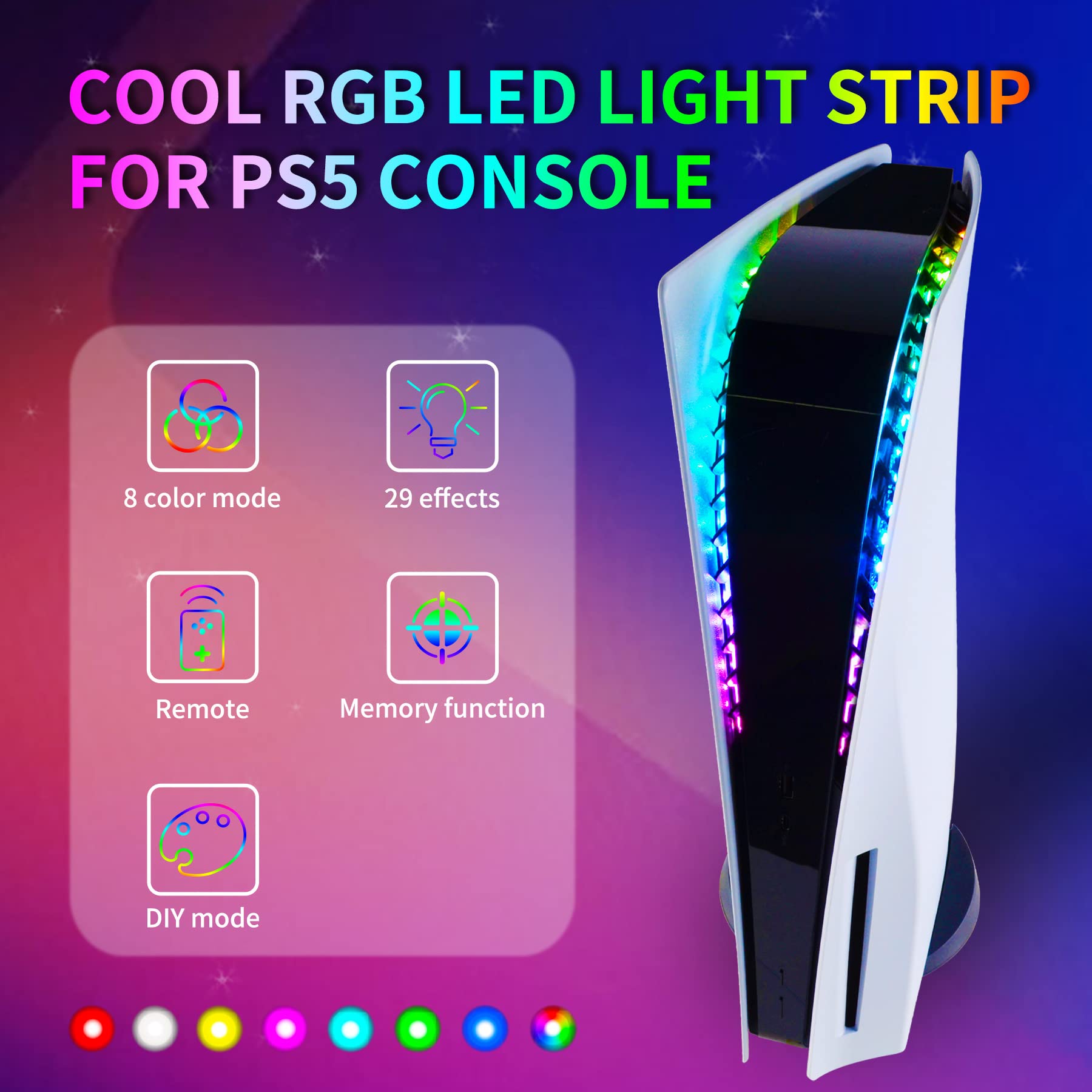 eXtremeRate RGB LED Strip for Playstation 5 Console, 7 Colours, 29 Effects, DIY Decoration Accessories, Strip Lights, Stripes, Light Strip, Band Lights Strips Kit for PS5 Console with IR Remote Control