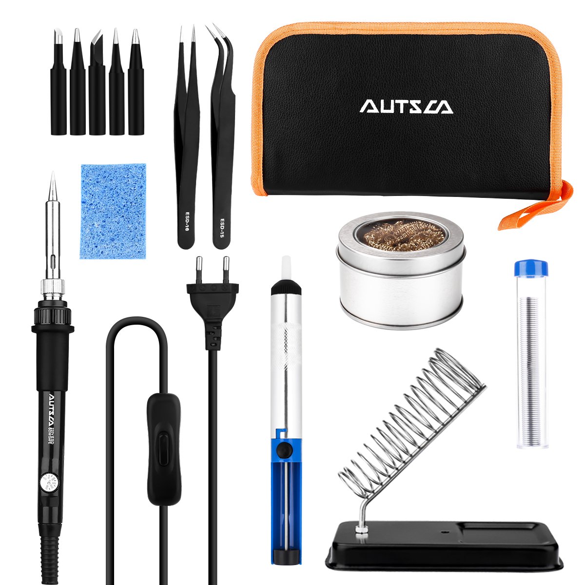 AUTSCA Fer à Souder Kit , Fer à Souder Set 220V 60W à Souder, Température Réglable, 5pcs Différents Conseils, Pompe à Dessouder, Titulaire, Pince à épiler Antistatique, Fil à Souder, ect