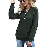 Sicnebee Women Hoodies Sweaters Oversized V Neck Striped Knit Pullover Sweatshirts Hooded Button Long Sleeve Tops with Pocket