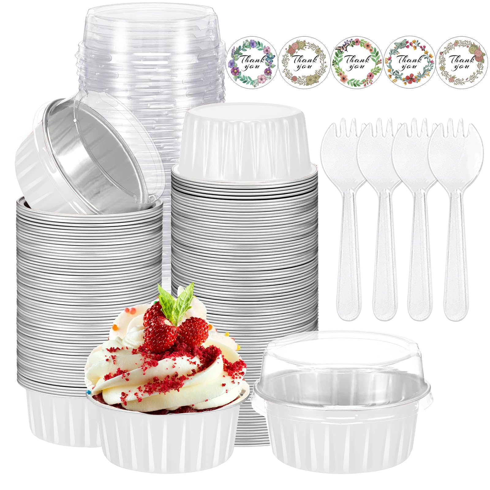 Photo 1 of 100pcs Aluminium Foil Cupcake Baking Cups with Lids,Mini Cake Pans with Lids and Spoons,5 oz Disposable Ramekins Baking Cup Muffin Tins Cupcake Cups For Party Birthday Wedding
