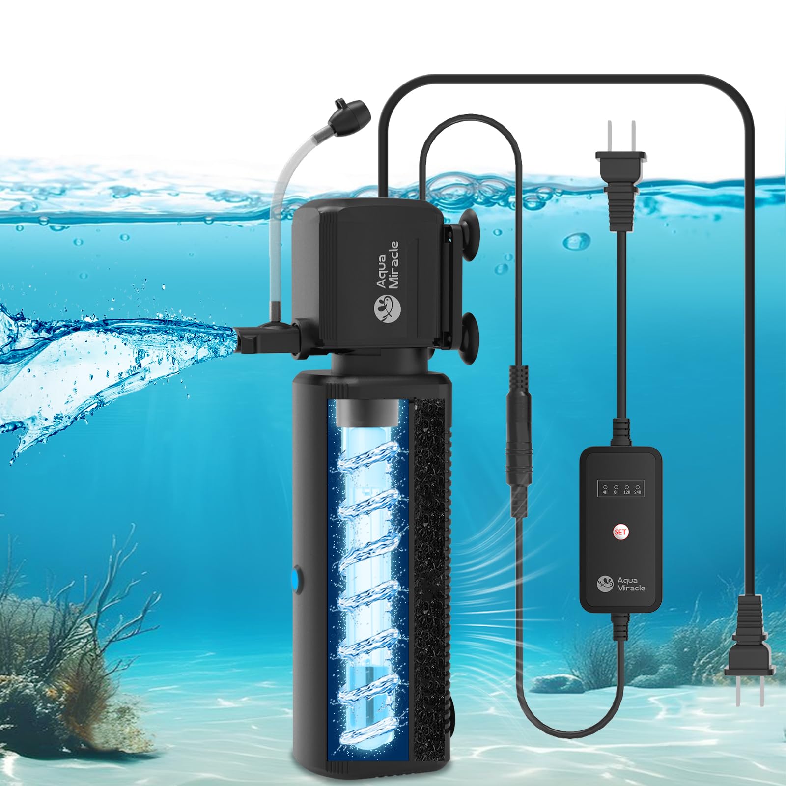 Photo 1 of AquaMiracle Aquarium Filter with U - V Light & Filter Sponge, Fish Tank Filter with Timer for Green Water, Turtle Filter with Aeration & Rainfall Mode for Aquarium 20-70 Gallon
