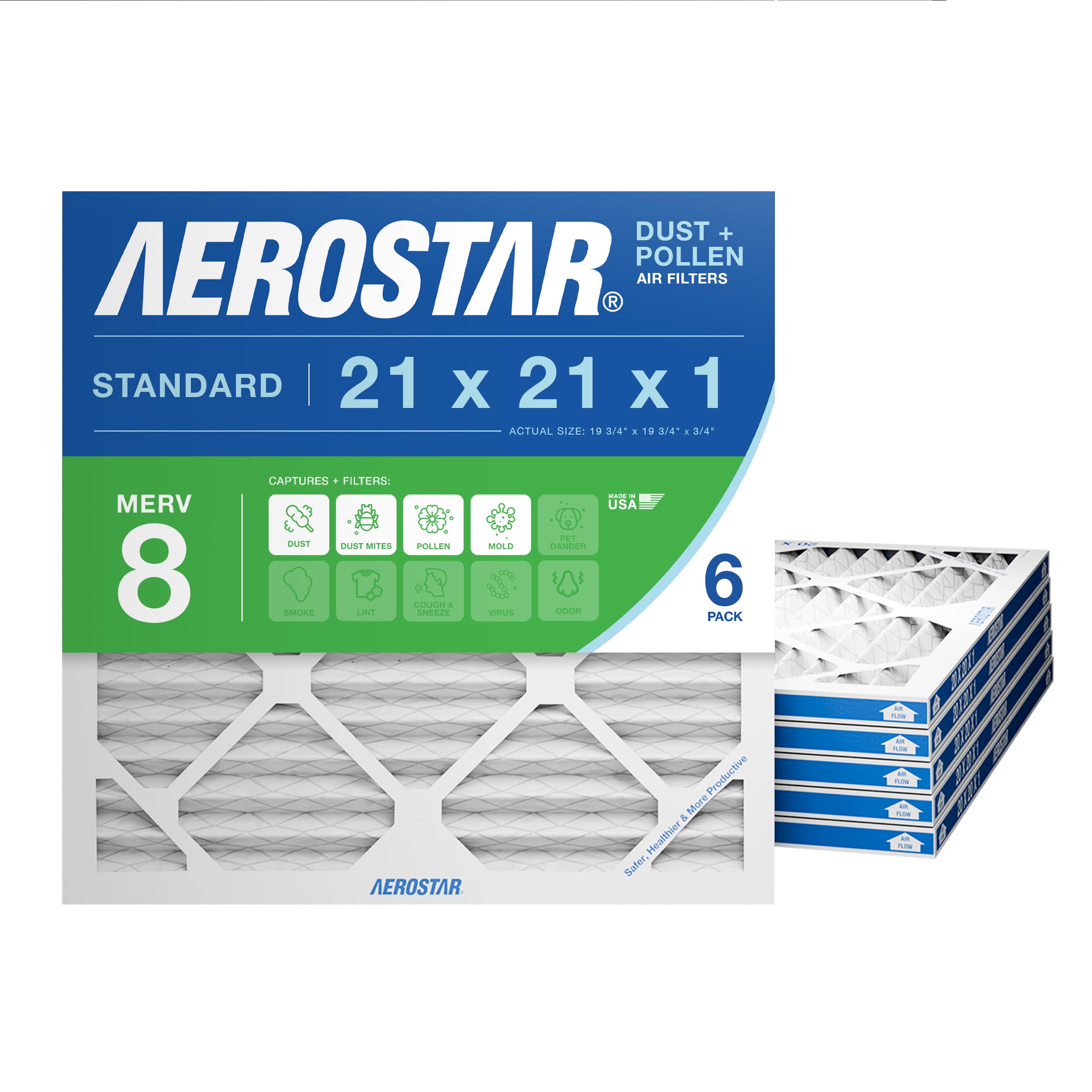 Aerostar 21x21x1 MERV 8 Pleated Air Filter, AC Furnace Air Filter, 6 Pack (Actual Size: 20 7/8" x 20 7/8" x 3/4") Image