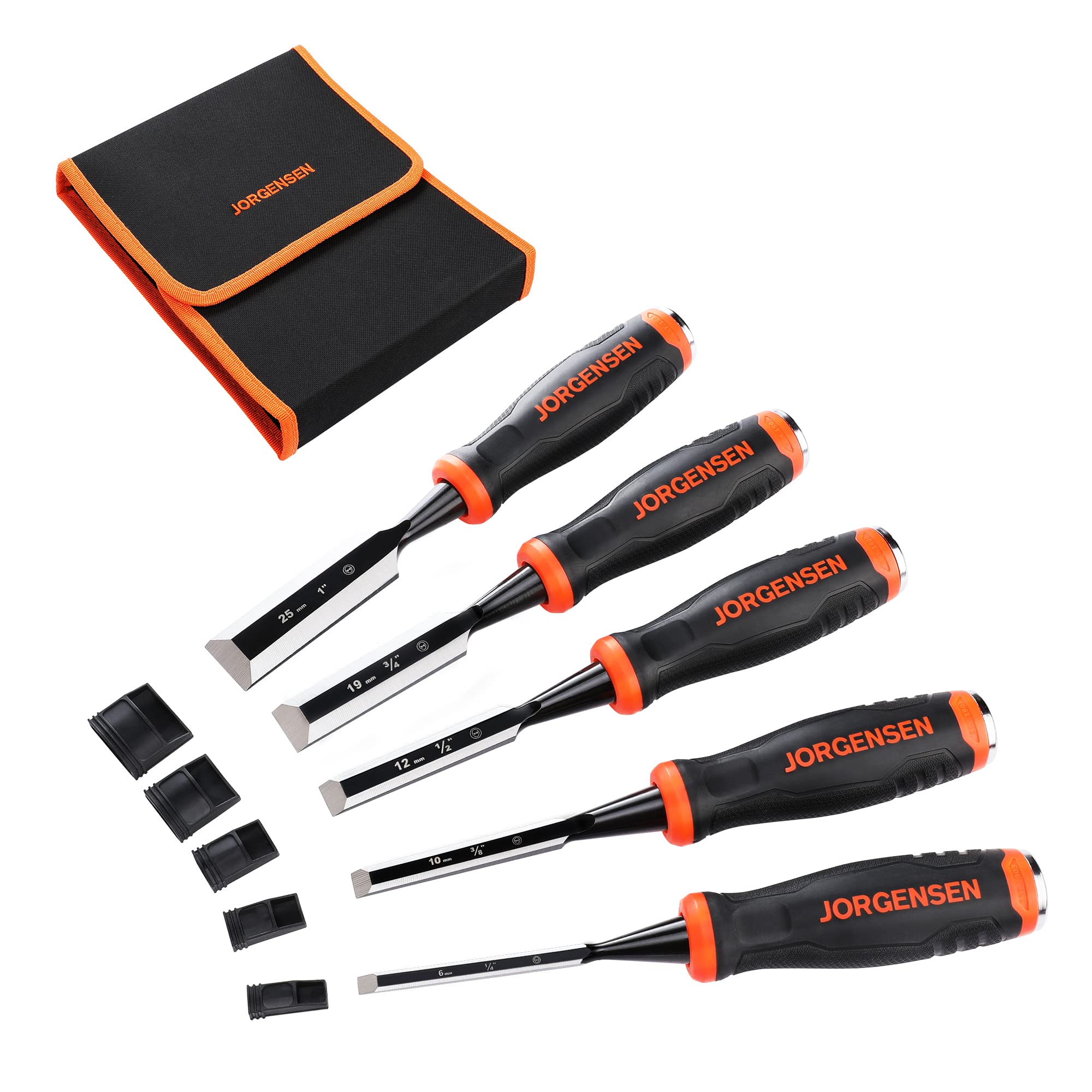 JORGENSEN Wood Chisel Set, 5 Pieces Wood Carving Chisels (6 mm, 10 mm, 12 mm, 19 mm, 25 mm), Cr-V Bevel Edge Chisels with Steel Strike Caps, Professional Woodworking Tools with Storage Bag