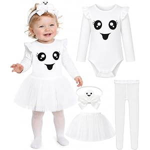 Brikabia Kids Ghost Costume for Baby Girls Kids Halloween Ghost Costume Set with Long Sleeve Top Tutu Dress Headband