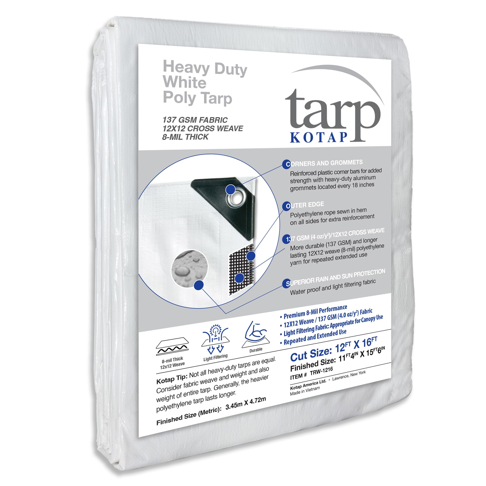 Photo 1 of Kotap 12 x 16 Ft. Heavy-Duty Protection/Coverage Tarp, Superior Weave for Greater Longevity 8-mil, Multi-Use, Waterproof, White, 1-Pack (TRW-1216)