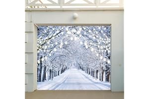 DORCEV 7x8ft Winter Forest Snowy Scene Garage Door Decoration - Glitter Winter Forest Road Ice Wonderland Door Cover Background - Xmas Outdoor Ice Snow Natural Landscape Family Portrait Props