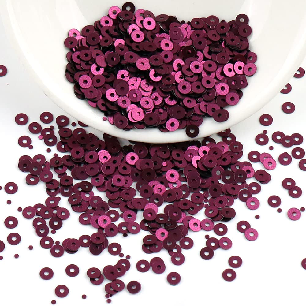 2000 Pieces Sequin Kit Paiettes Sequins Craft Loose Sequins Cup Iridescent Spangles for DIY Crafts Making Sewing Sticking Threading Shiny Decorative Wedding 4 mm, Wine Red