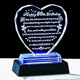 YWHL 80th Birthday Gifts for Women Men with Colorful Light Base, Laser Crystal Heart Happy 80th Birthday Decoration Plaque, Gifts Ideas for 80 Year Old Women Men Mom Dad Grandma Wife Friends