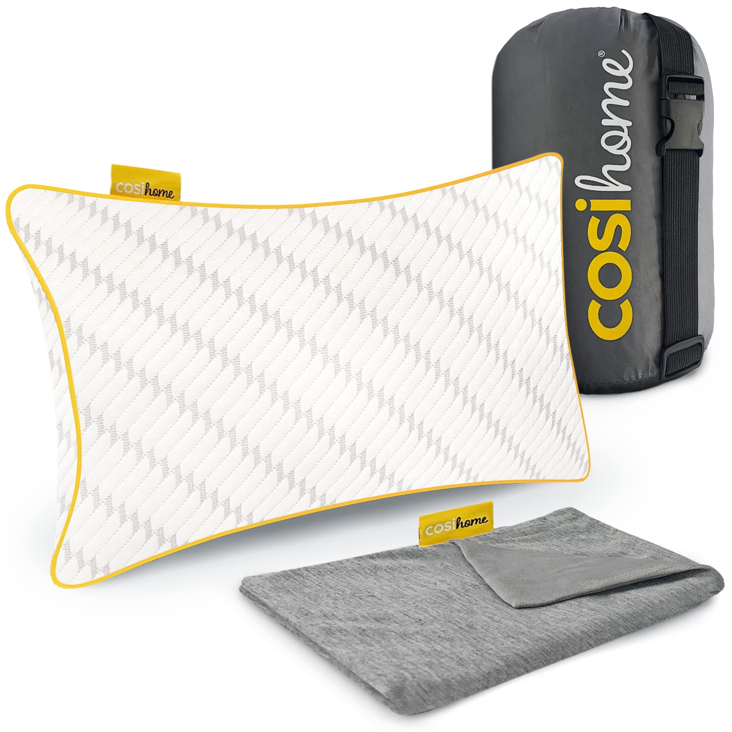 Cosi Home Travel Pillow with Cooling Bamboo Pillow Case 30 x 45 cm - Memory Foam Travel Pillow for Neck, Back & Lumbar Orthopedic Support - Temperature Regulating - With Waterproof Compact Carry Bag