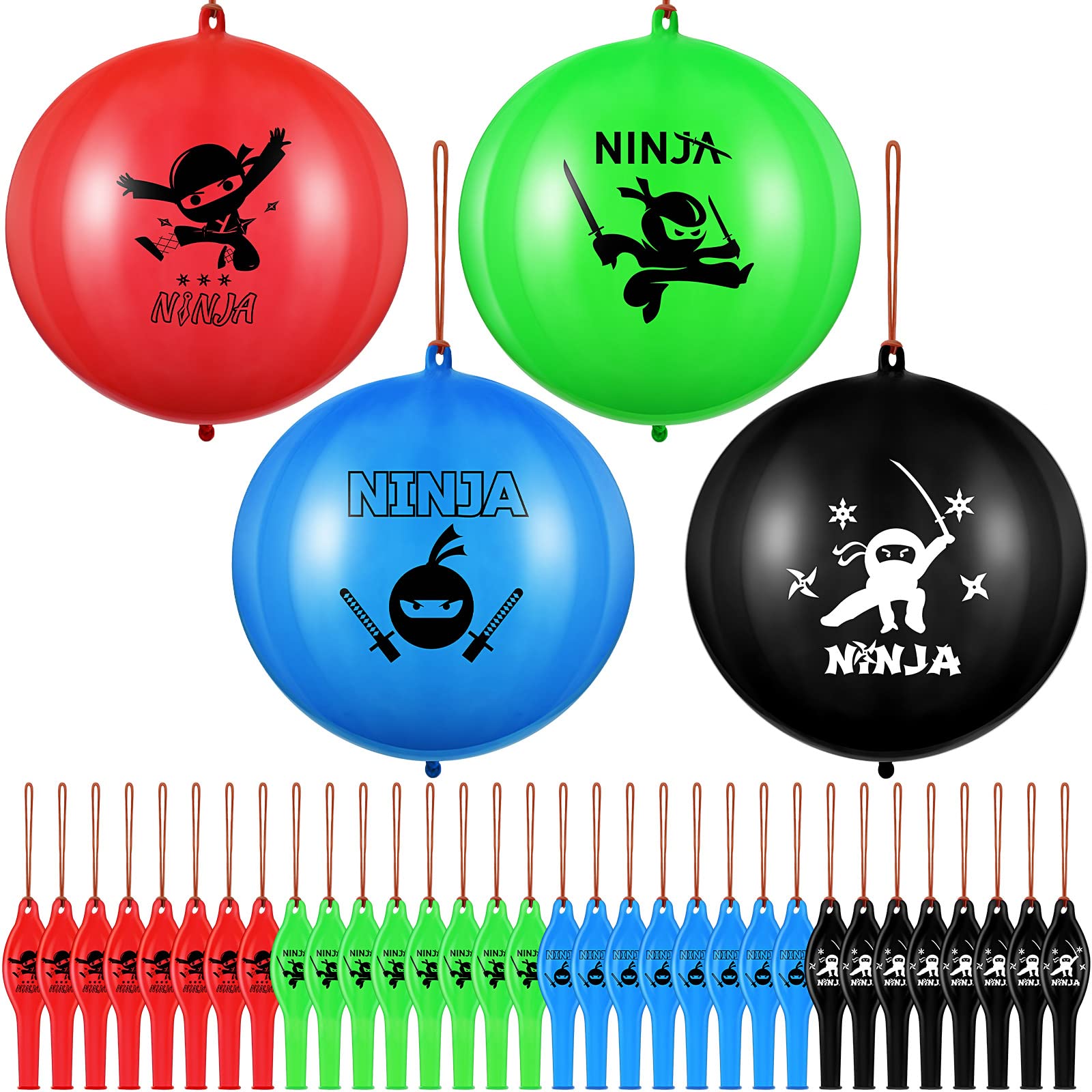 Photo 1 of 32 Pcs Ninja Party Supplies Ninja Birthday Party Decoration Punch Balloons Latex Heavy Duty Bounce Balloons with Rubber Band Handle for Kids Party Game Birthday Favors Goodie Bag Fillers
