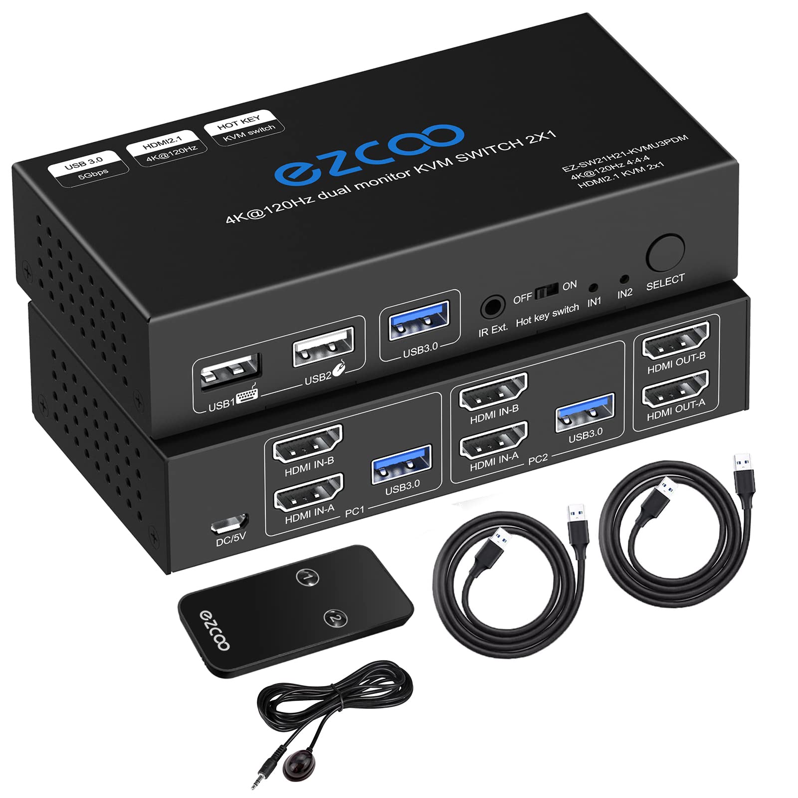 8K 60Hz 4K 120Hz HDMI 2.1 KVM Switch Dual Monitor USB 3.0 2 Ports with Hotkey 48Gbps HDCP2.3 2x HDMI Extended Display Share 2 PC with one Keyboard Mous HDR D-olby Vision VRR IR Remote Control