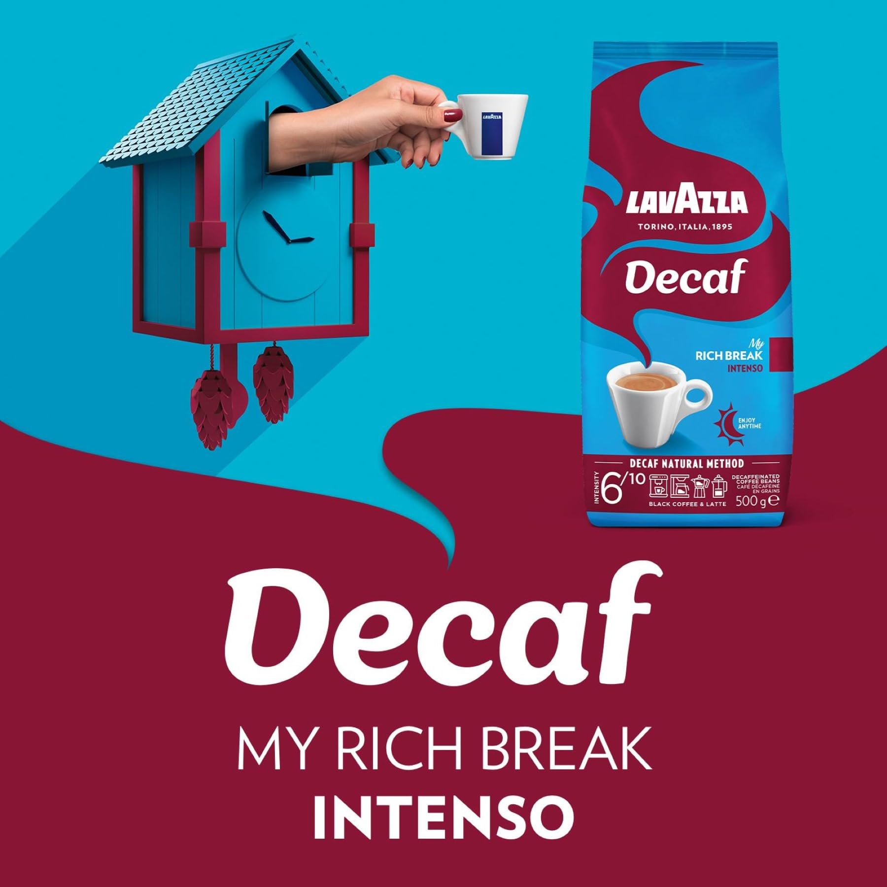 Lavazza, Decaf „My Rich Break“ Intenso, Entkoffeinierte Kaffeebohnen, Ideal für Cappuccino, mit Aroma Noten von Tabak und Holz, Arabica und Robusta, Intensität 6/10, Mittel-Dunkel Röstgrad, 500 g 2