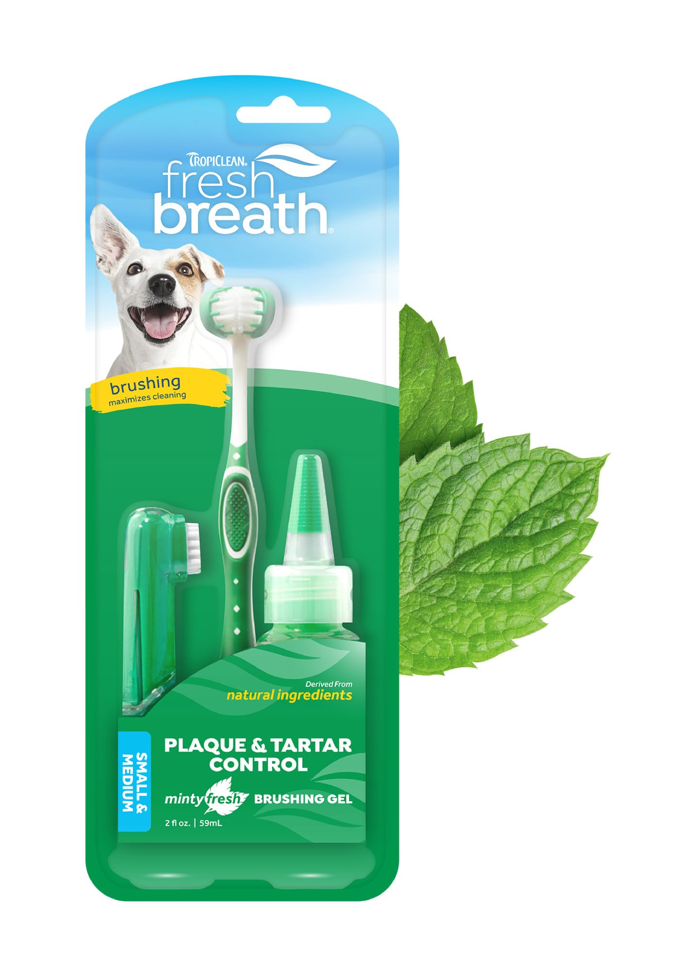 TropiClean Fresh Breath Dog Teeth Cleaning Oral Care Kit - Breath Freshener Dental Care - Complete Dog Toothbrush Kit Small to Medium Dogs - Helps Remove Plaque & Tartar, Small to Medium Dogs, 59ml
