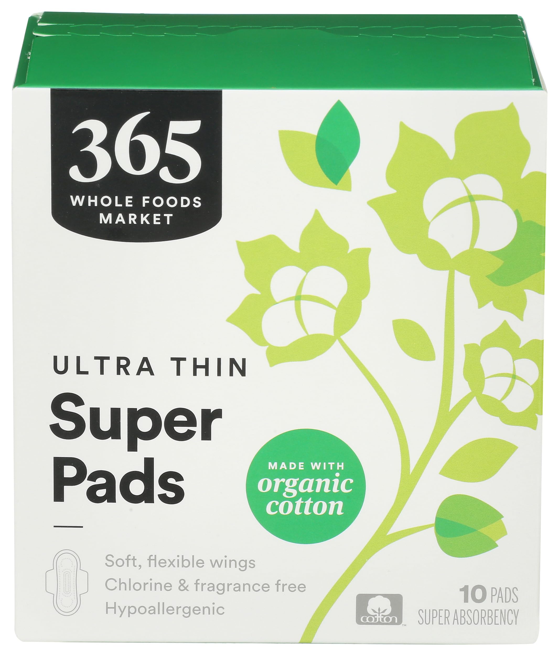 Photo 1 of 365 by Whole Foods Market, Ultra Thin Pads, Made with Organic Cotton Pads, Super, 10 ct