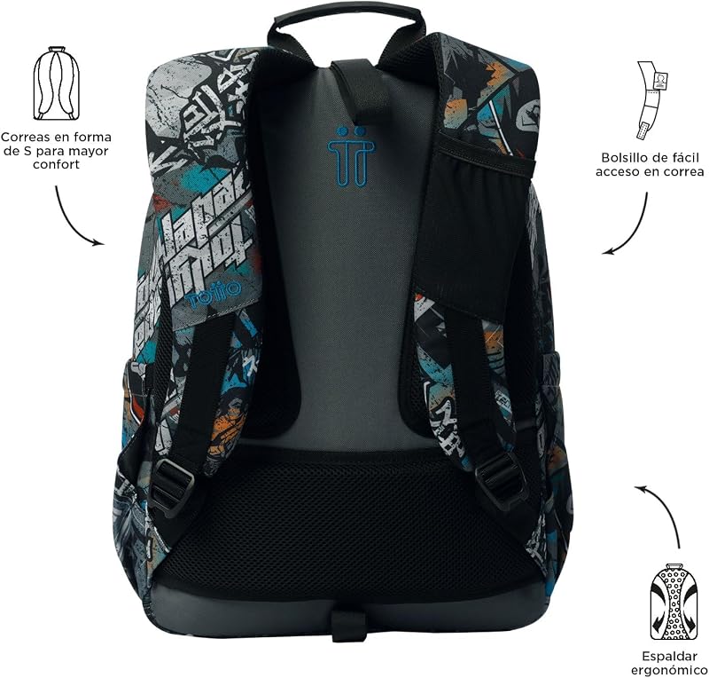 - Mochila escolar adaptável a carrinho, modelo aguarela, capacidade de 20 L, bolso para PC de 14", bolso para 2 garrafas, encosto ergonómico para fluxo de ar, alças confortáveis em S, estampado Okubo