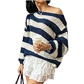 Verdusa Women's Off The Shoulder Sweater Striped Sweaters Color Block Long Sleeve Oversized Pullovers Tops