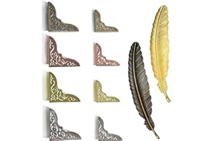 CUNSWEN Metal Book Corner Protectors and Feather Bookmarks Kit 96 Pcs - Press On Design 4 Colors Gold Silver Rose Gold Bronze - Decorative Scrapbook Album Photo Protectors