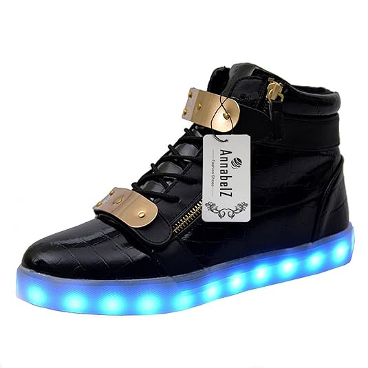 AnnabelZ LED Shoes High Top Men Women Light Up Shoes USB Charging Metal Velcro Flashing Sneakers (Black, 9.5 B(M) US Men)