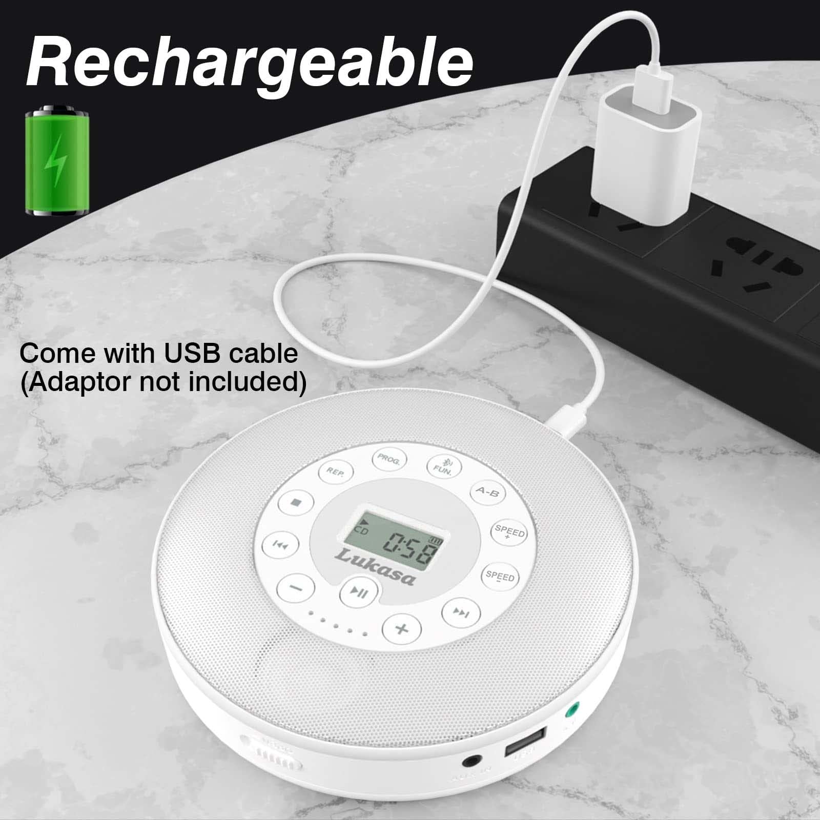 Lukasa Portable Bluetooth CD Player Built-in Speaker Stereo, Personal Walkman MP3 Players Rechargeable Compact Car Disc CD Music Player USB Play Anti-Shock Protection (White)