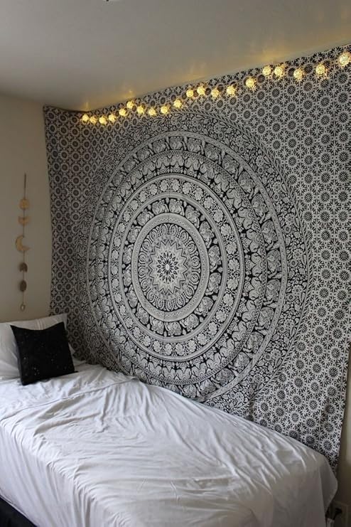 Rajrang Cotton Elephant Hanging Twin Bedspread Mandala Hippie Tapestry Wall Poster 85x55inch Black And White