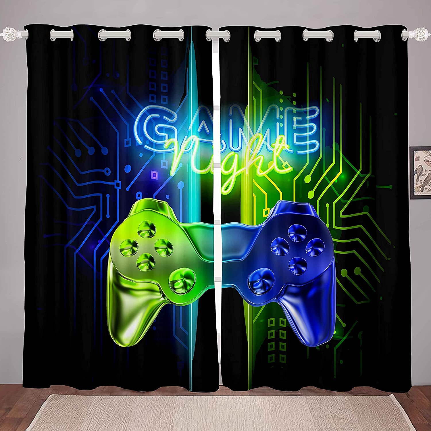 Homemissing Gamer Curtains For Bedroom Gamer Video Game Curtain Boys Teens Kids Gaming Window Drapes Blue Green Neon Gamepad Window W46*L54 — image 1