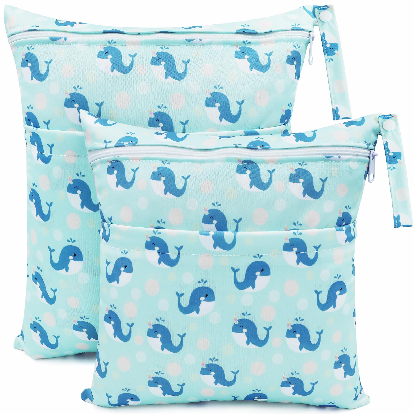 CHEESANHERR Cloth Nappy Bags，2 Pcs Wet Bags, Wet Dry Bags for Cloth Diapers, Changing Bag Storage Bag Organizer with Double Zipper Waterproof Washable Reusable for Daycare Travel Beach (Blue Whale)