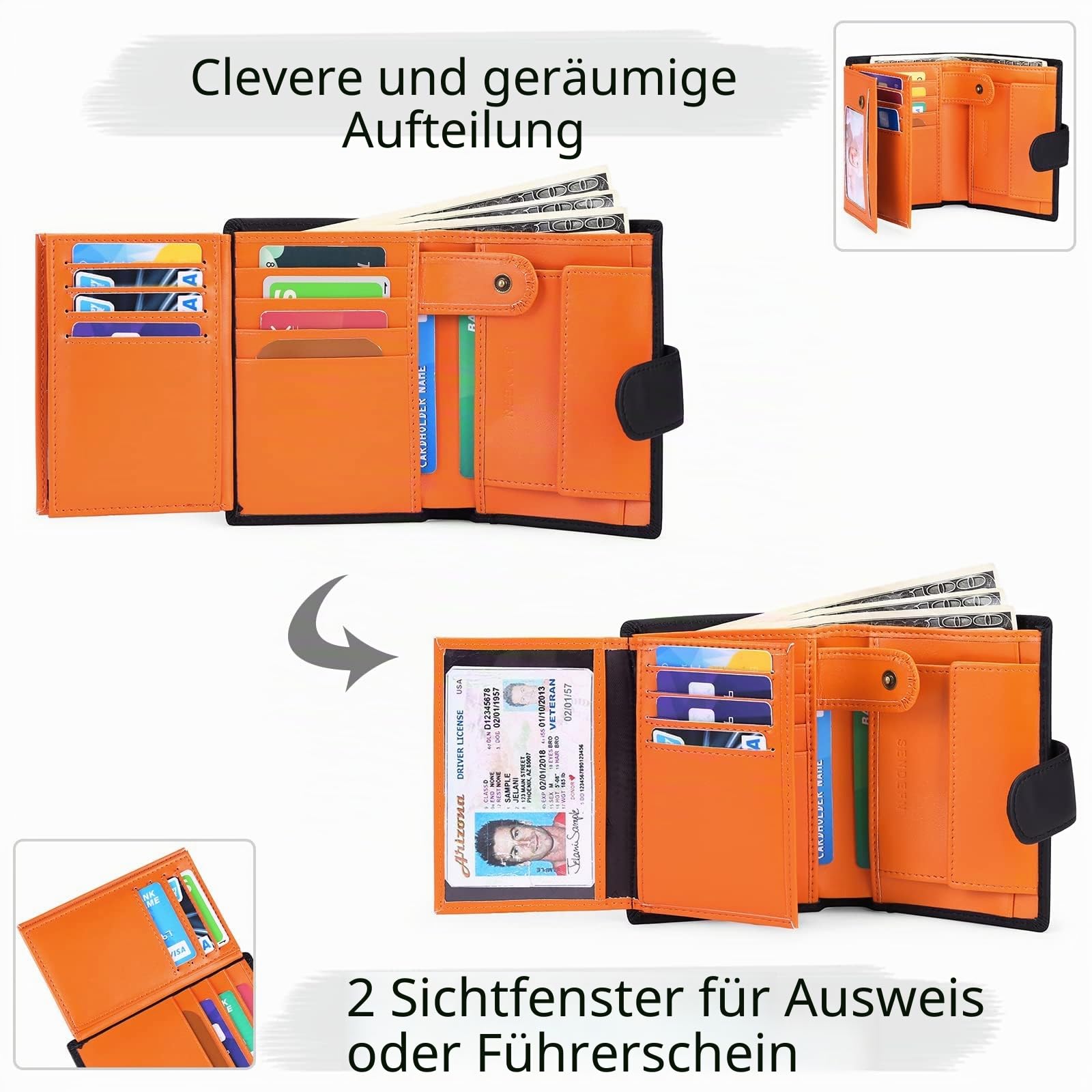 SENDEFN Herren Geldbörsen mit RFID Schutz, Groß Portemonnaie Herren Leder in Hochformat, Trifold Geldbeutel Herren, Brieftasche Wallet Portmonee mit 16 Kartenfächer & Münzfach 3