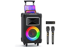 JAUYXIAN Bluetooth Wireless Speaker with 10" Woofer & 500W Peak Power, Karaoke Machine with 2 Mics, Portable PA System with Bass/Treble Control, RGB Lights, Rolling Wheels for Home Parties & Outdoor Events