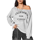 SHENHE Women's Off Shoulder Letter Graphic Baggy Sweatshirts Loose Y2k Long Sleeve Pullovers