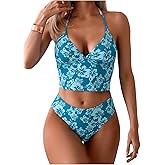 Floerns Women's Floral Print Halter Neck Tankini Top Two Piece Bathing Swimsuit