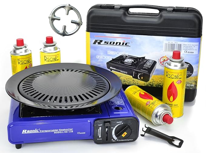 Portable Gaskocher Campingkocher mit 8 Gaskartuschen + Grillaufsatz Grillplatte + Koffer + Gasherdkreuz (Blau)