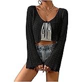 Verdusa Women's Tie Front Bell Long Sleeve Crop Cardigan Lightweight Scalloped Knit Tops