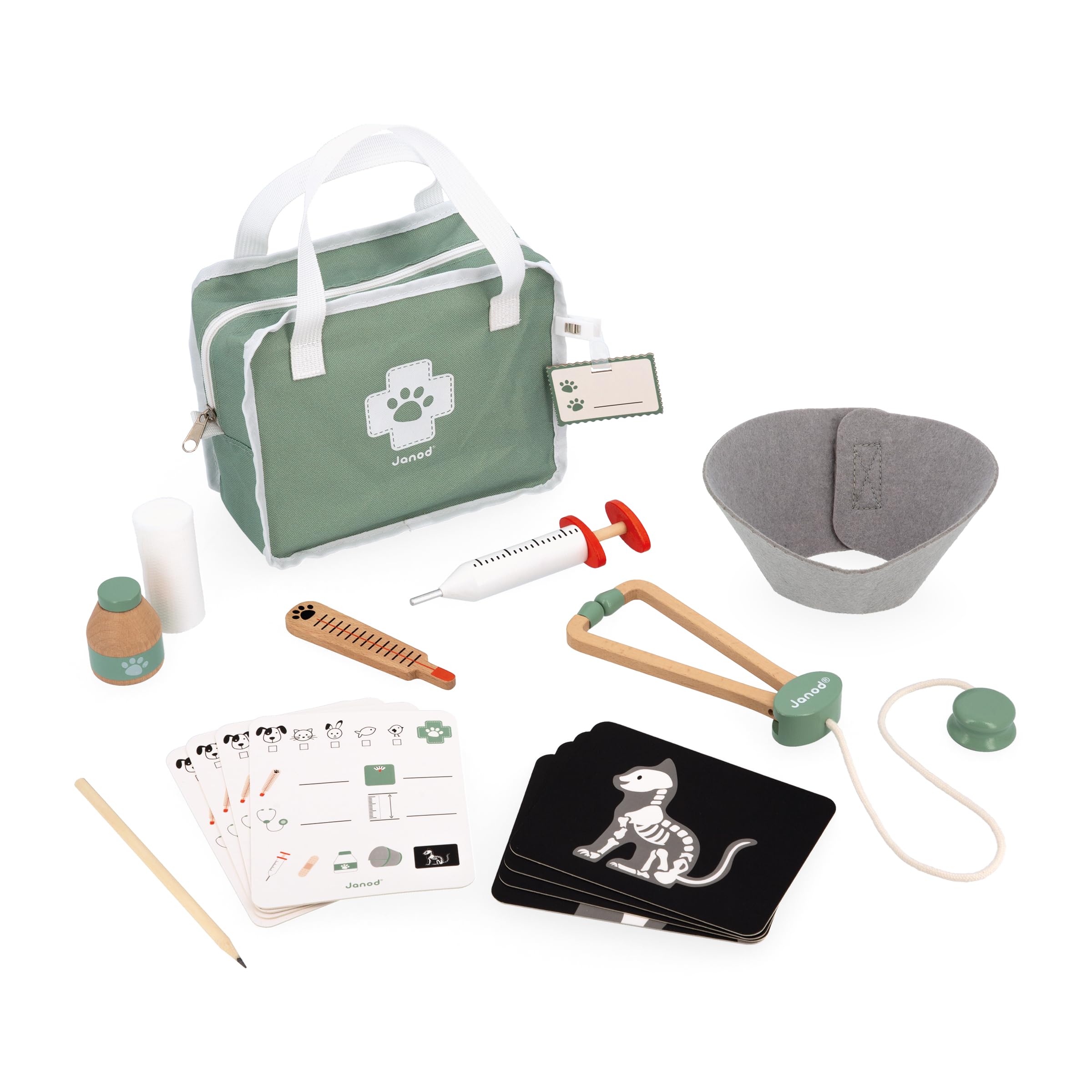 Janod - Vet Kit - Pretend Play Occupation - Includes 16 Accessories - Imagination-Enhancing - FSC®-Certified - Fabric suitcase-shaped box with a handle - 3 Years +, J06466