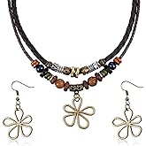 Lusofie Wood Bead Necklace, Layered Boho Necklace with Hollow Flower Earrings, Braided Vintage Necklaces, Hippie Bohemian Jewelry for Women