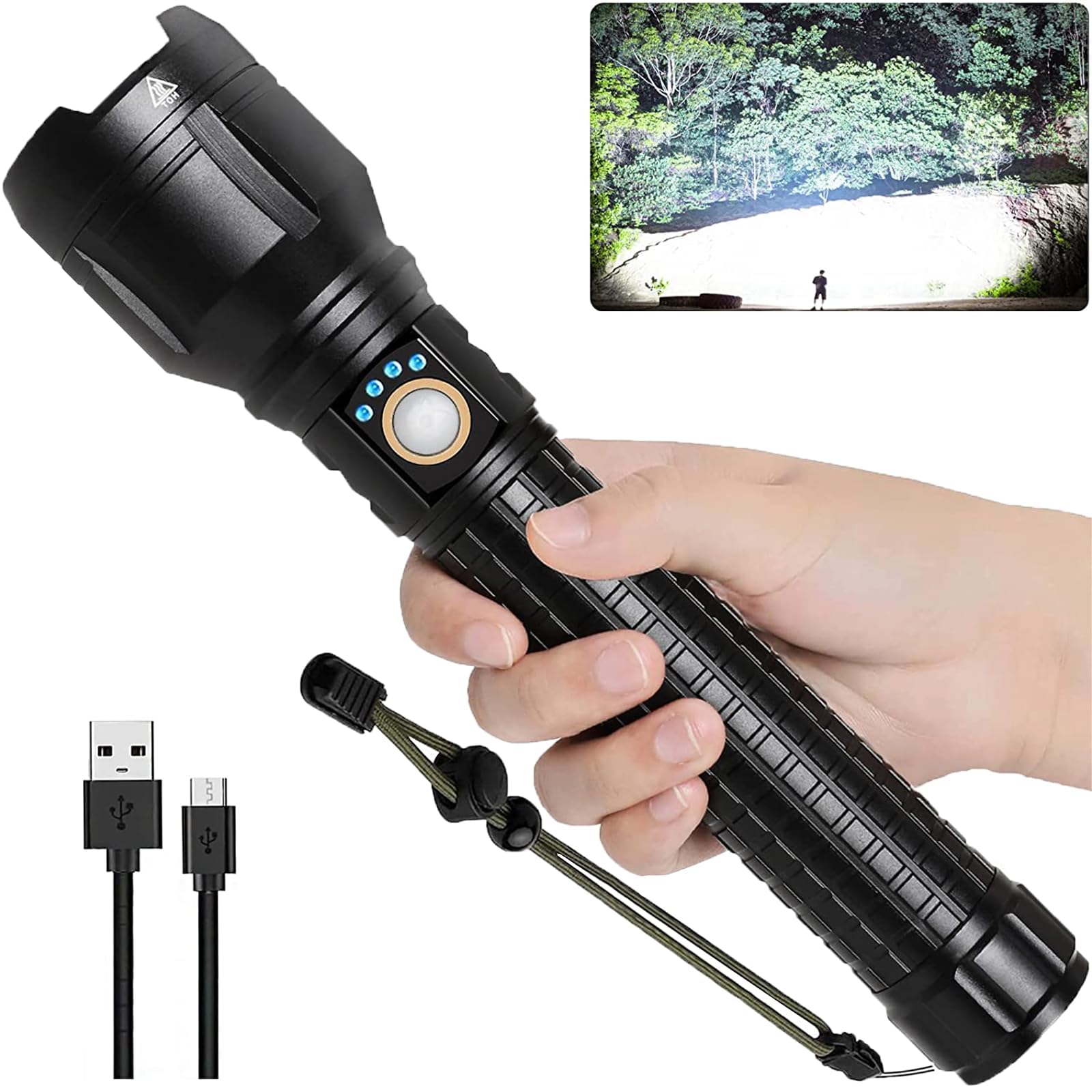 Photo 1 of LBE Rechargeable Brightest LED Flashlight, 90,000 High Lumens Super Bright Powerful Flashlight with 5 Modes, IPX7 Waterproof Handheld Large Flash Light for Emergencies Camping