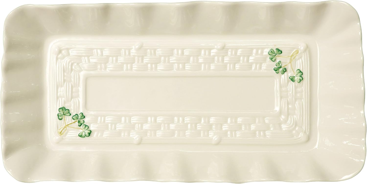 Belleek Classic Pottery White Tray with Painted Green Shamrocks 12.6 Inch