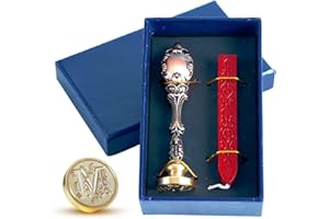 TELOSMA Wax Seal Stamp kit, Envelope Wax Seals DIY Kit - Retro Sealing Wax Candle + Classic Initial Alphabet Seal Wax Seal Stamp Letter M - in Blue Gift Box