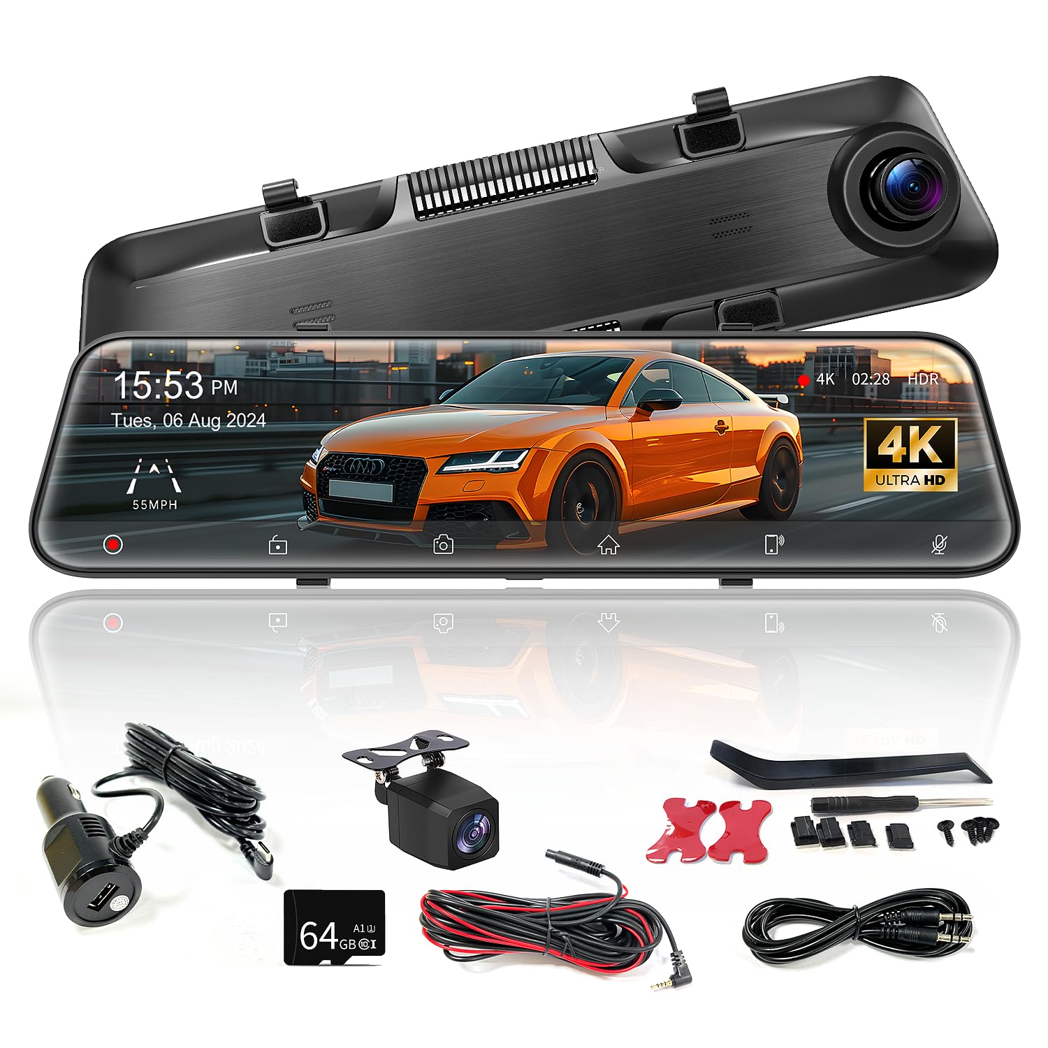 2.5K Rear View Mirror Camera with Carplay&Android Auto,Mirror Dash Cam Front and Rear with Voice Control for Cars&Trucks,Smart Touch Screen,64GB Card Included/Parking Monitor/Reverse Assist (11 inch)