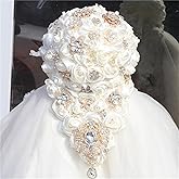 TUAGYMKR Handmade Satin Rose Water Drop Bridal Bouquet 8.7inch Crystal Wedding Round Tossing Bouquet Jewelry Proposal Bridesmaid Bouquet Groom Corsage Bride Wrist Flower Ivory (Ivory)