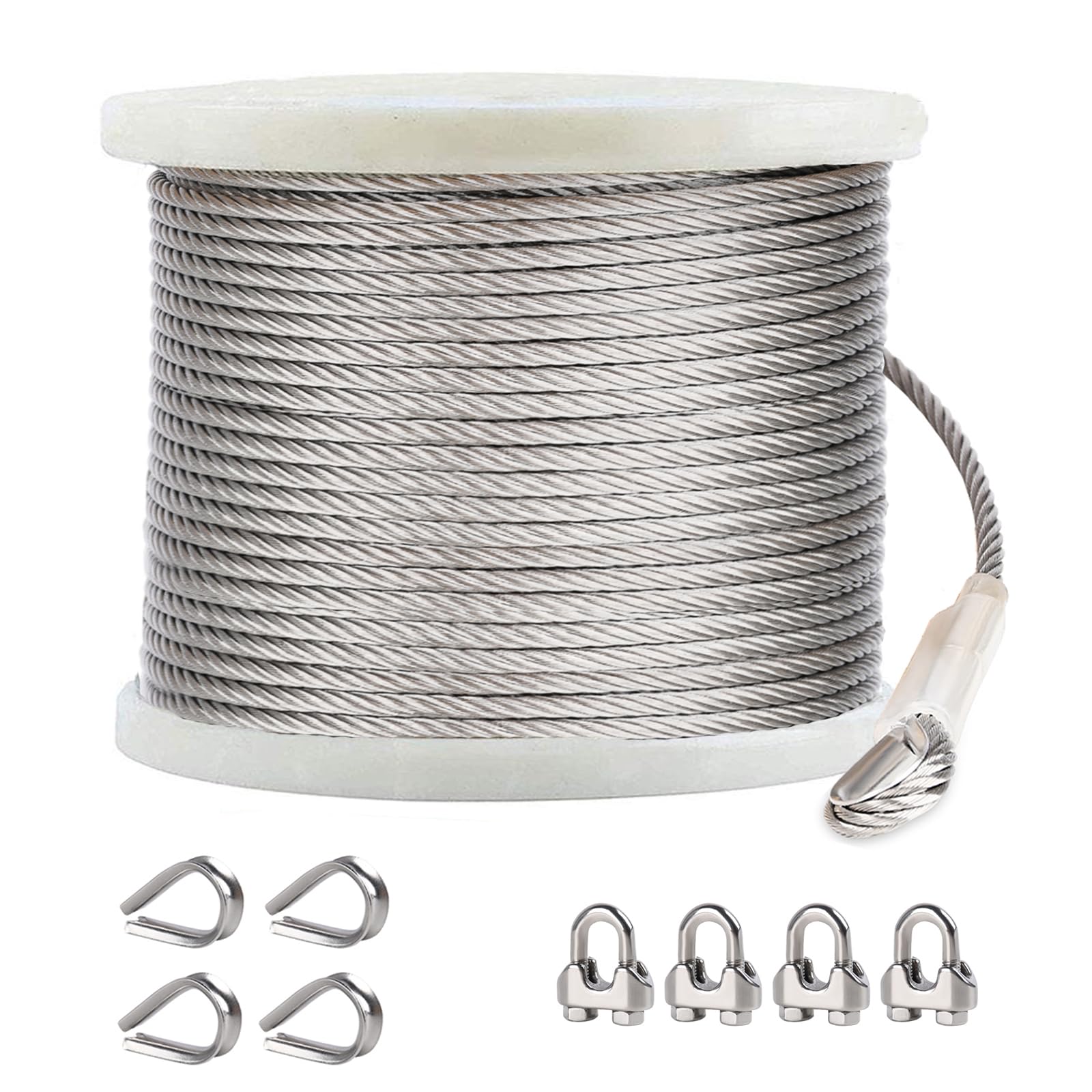 Photo 1 of hannger 1/4 Stainless Steel Cable, 200ft Wire Rope with Wire Rope Clamps and Thimble, 6400lbs Breaking Strength, 7X19 Strands Aircraft Cable for Yard Zipline, Deck Railing, Boat Lifts