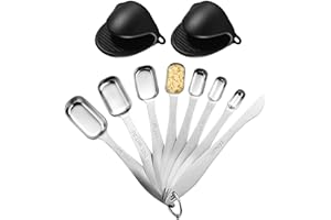 8-Piece Square Stainless Steel Measuring Spoons Set with 2 Bonus Heat Resistant Silicone Hand Clips|Measurement for Baking Co