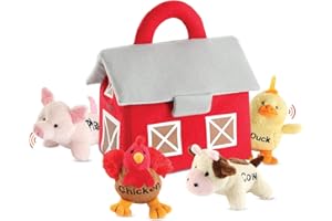 Bundaloo Plush Farm Animal Toys with Realistic Sounds - Plushie Play Set with Barn Carrier