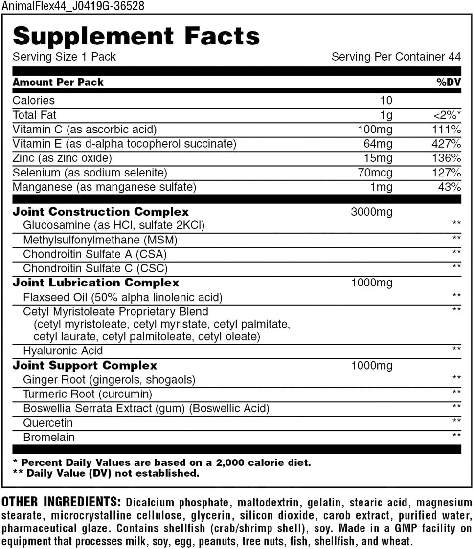 Animal Flex – All-in-one Complete Joint Supplement - Turmeric Root Curcumin - Glucosamine Chondroitin - MSM - Hyaluronic Acid - Repair and Restore - 44 Packs: Health & Personal Care
