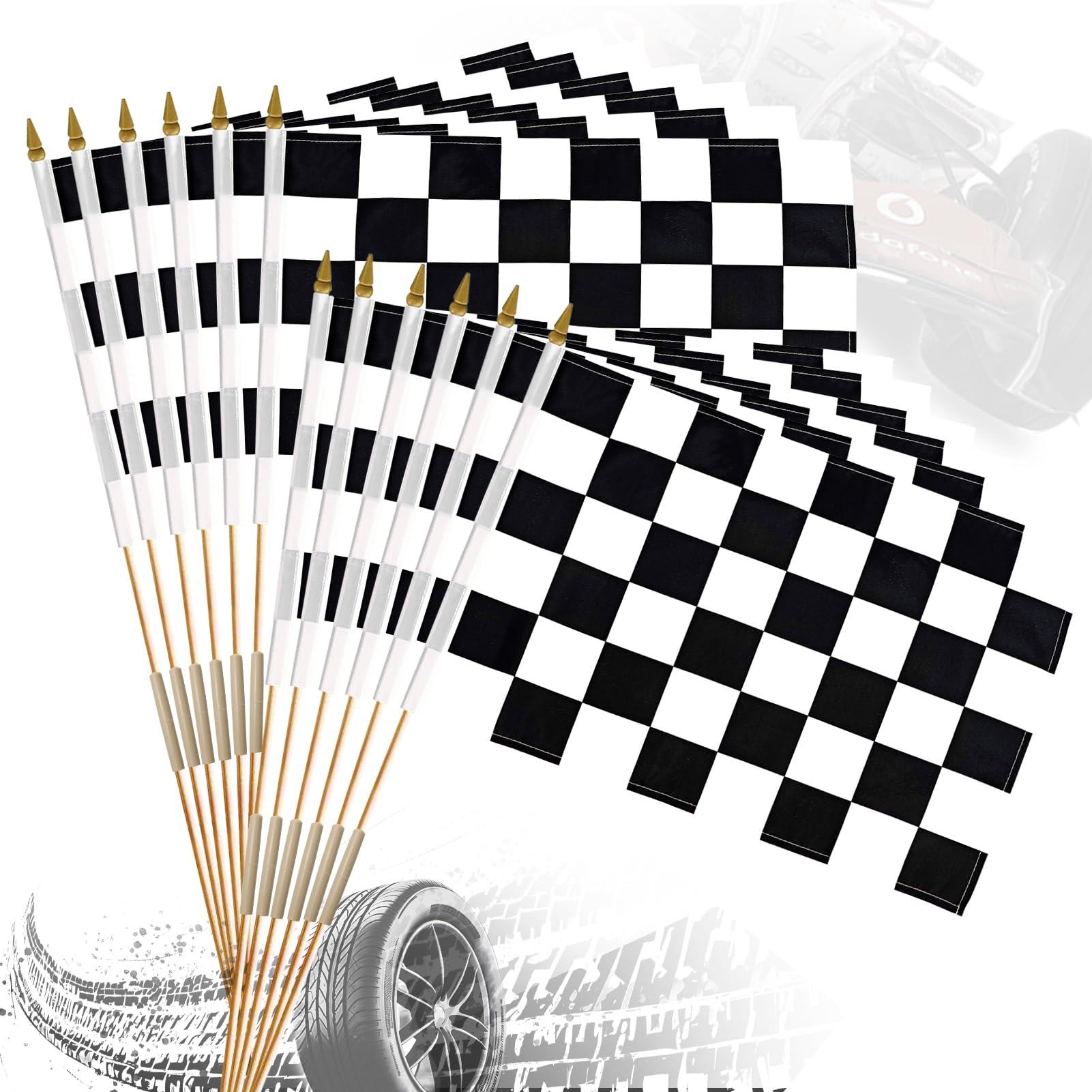 Photo 1 of 12 Pack 12x18 Inch Black and White Checkered Racing Flags on Stick Hand Held Race Car Flags Perfect for NASCAR Theme Party Car Racing Decorations (12)