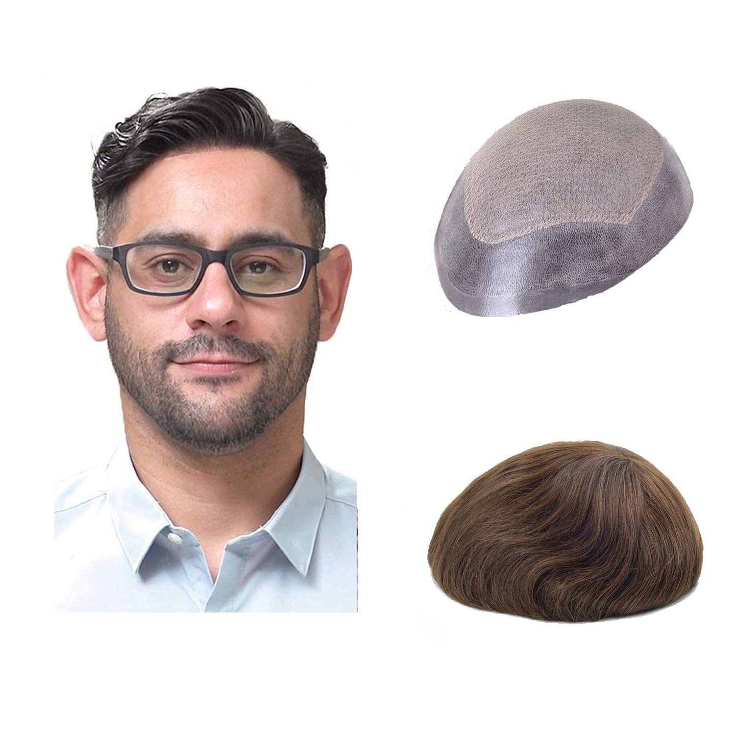 Lordhair Knotless Toupee for Men, Skin Flat Injected Human Hair System, Base Size 8x10 Inch Light Medium Density Front Contour A Shape Mens Hairpiece
