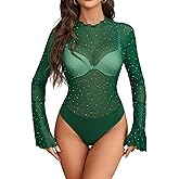 Avidlove Women Long Sleeve Bodysuit Rhinestone Bodysuit Mesh Bodysuit Tops Sexy Party Outfits