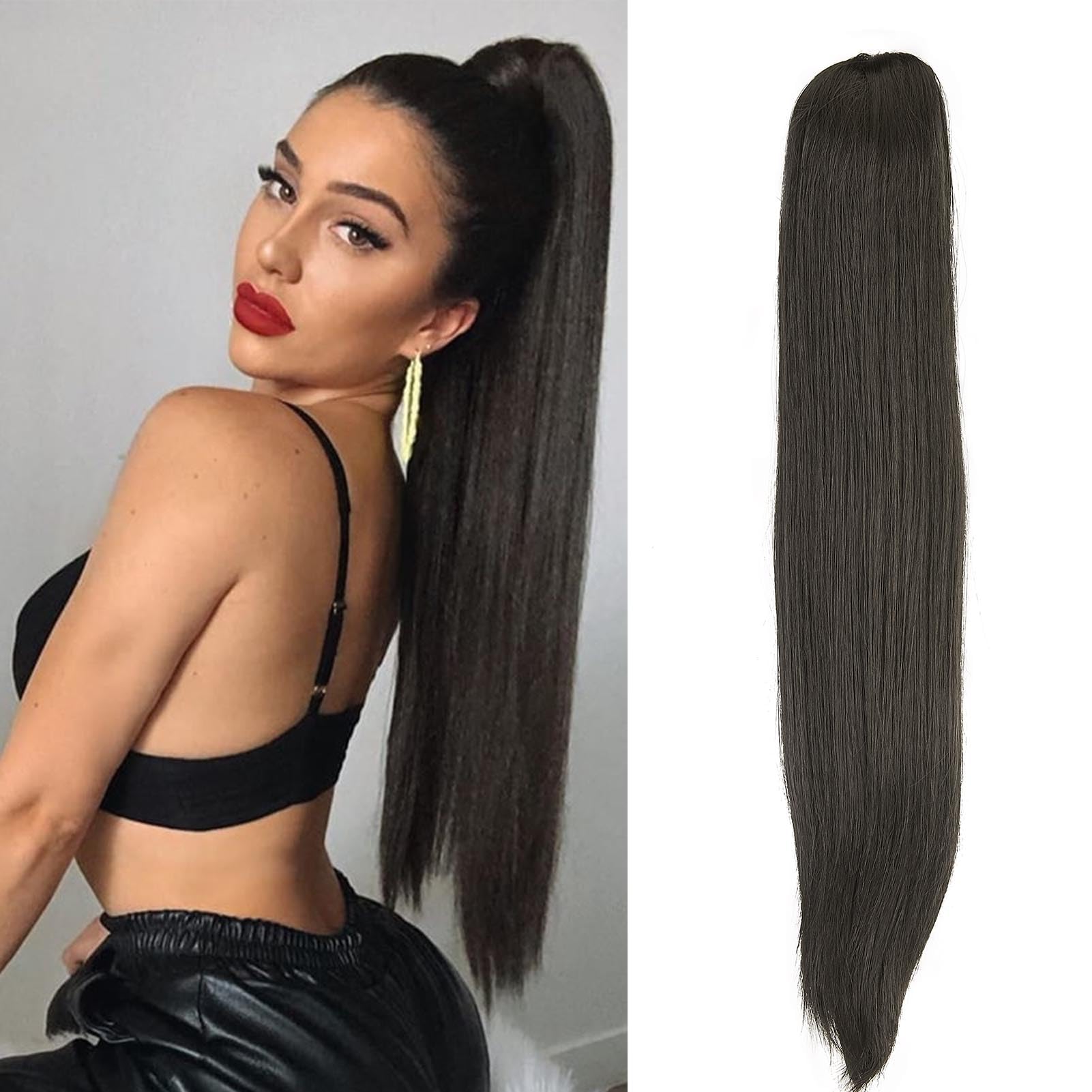 Cybelleza 20inch Ponytail Hair Extensions Straight Ponytail Claw Jaw on Long Straight Pony Tails Clip in Hair Extensions Synthetic Hair pieces for Women, Dark Brown